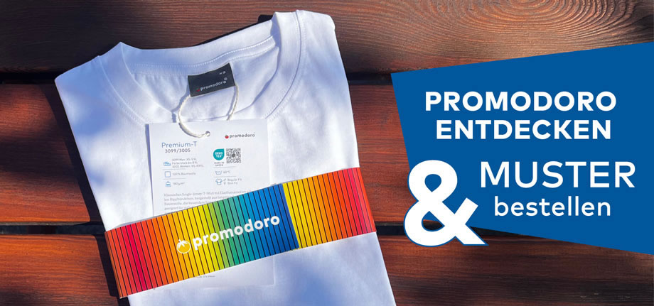 In promodoro Binde eingeschlagenes T-Shirt mit Hinweis: 'promodoro entdecken und Muster bestellen'