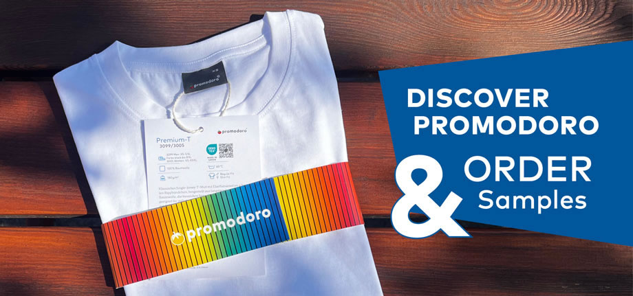 A T-shirt wrapped in a promodoro band with the message: ‘Discover promodoro and order samples’