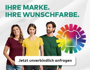 Ihre Marke hat eine Farbe. Ihre Textilien jetzt auch. 2 Frauen, 1 Mann nebeneinander mit verschiedenfarbigen T-Shirts und Sweater. Daneben ein Farbkreis, darunter ein Anfrage-Button